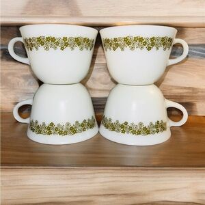 Vtg. Pyrex Green Crazy Daisy Spring Blossom Milk Glass Coffee Cup Mug Set of 4